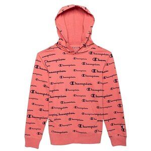 Girl's Champion AOP Script Hoodie, Citrus Pink, XL